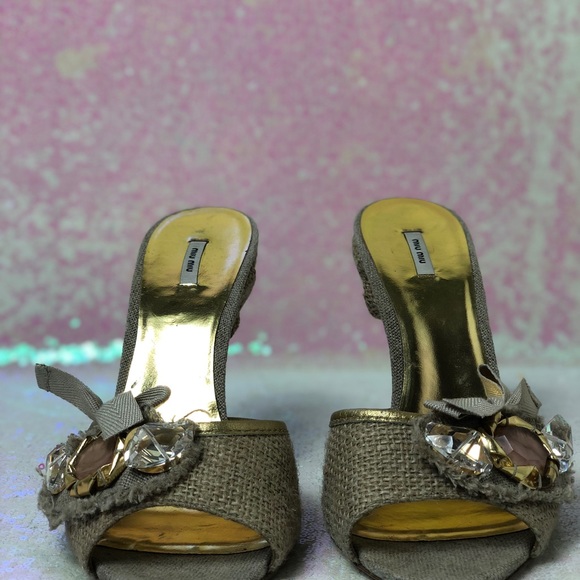 Miu Miu sackcloth Jeweled Mules - Picture 5 of 7